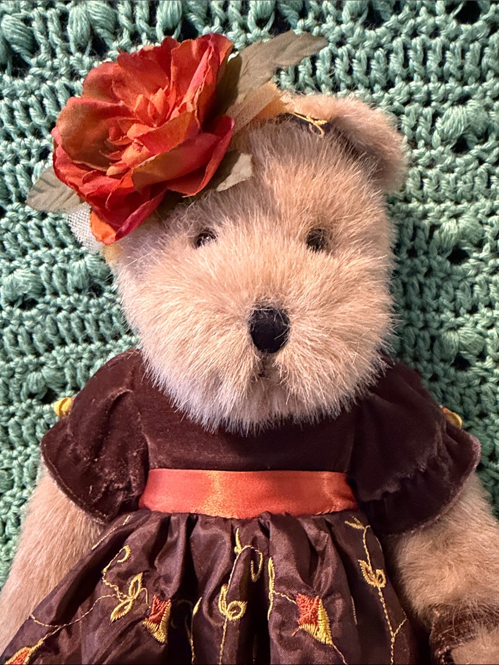 Plush Brown Bear Doll with Orange Flower Accent